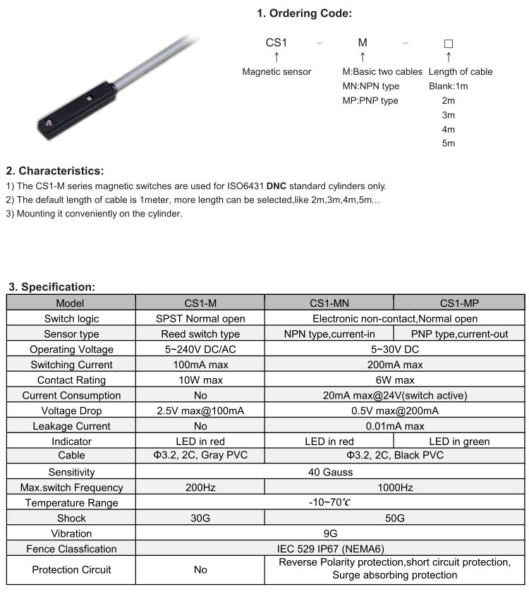 CS1-M,CS1-MP,CS1-MN Magnetic sensor for DNC standard cylinder