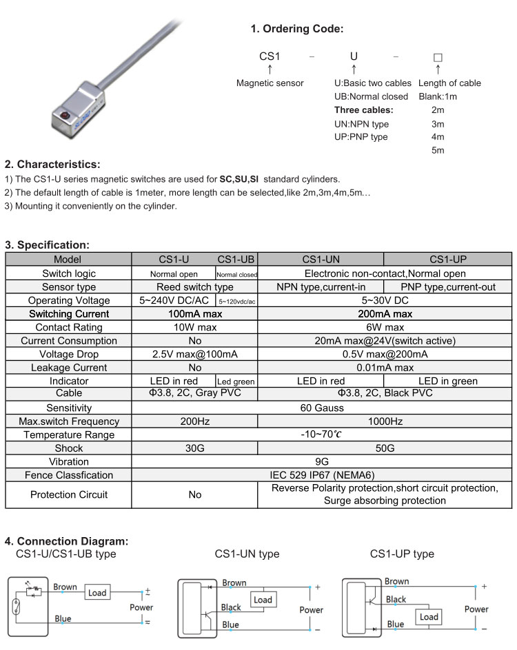 CS1-U,CS1-UP,CS1-UN Magnetic sensor for SC,SU,SI standard cylinder