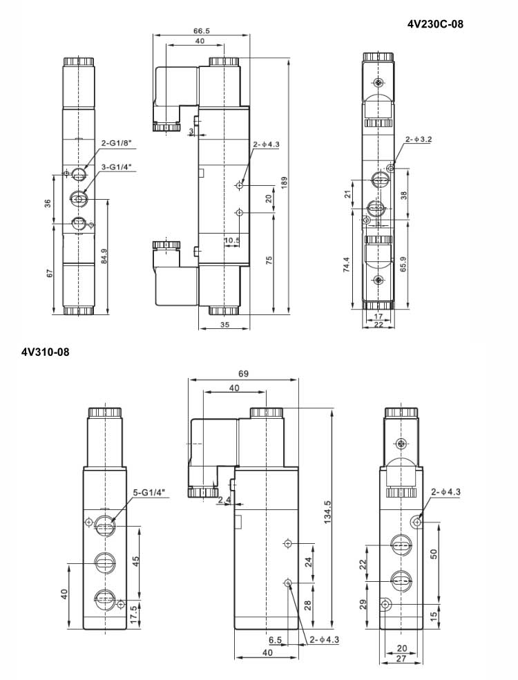 4V Series 2positions/5ways or 3positions/5ways Solenoid Valve