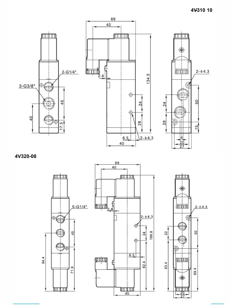 4V Series 2positions/5ways or 3positions/5ways Solenoid Valve