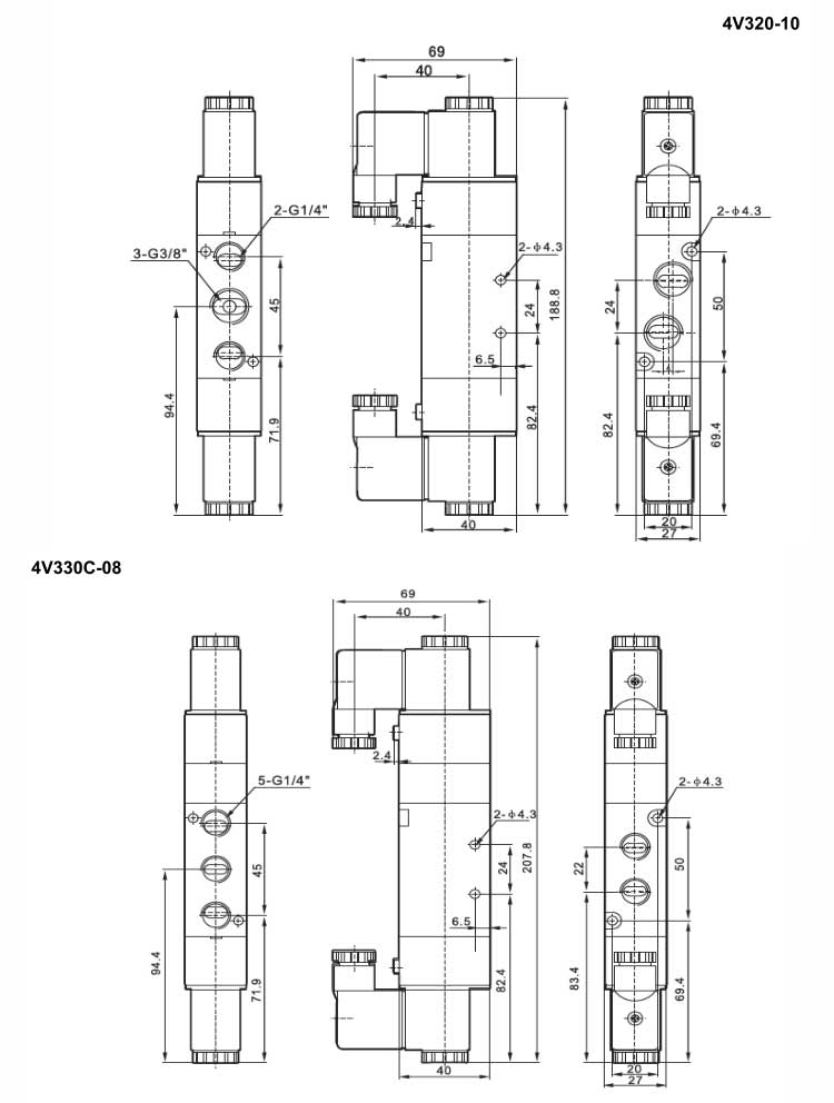4V Series 2positions/5ways or 3positions/5ways Solenoid Valve