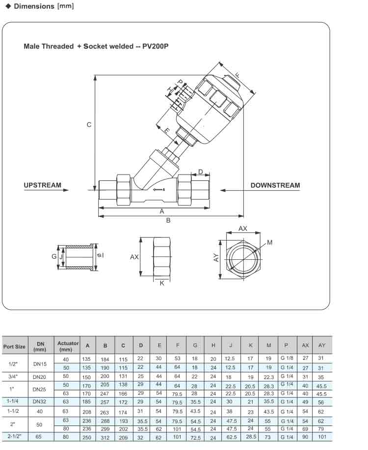 Angle Seat Valve(Piston Valve) Series PV200 (male threaded socket welded）