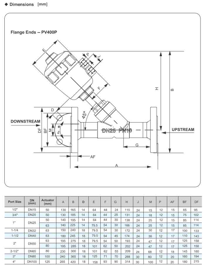 Angle Seat Valve(Piston Valve) Series PV400 (flange ends）