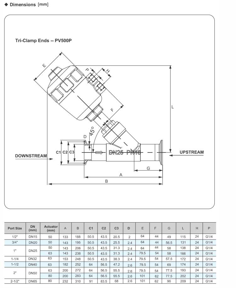 Angle Seat Valve(Piston Valve) Series PV500 (tri-clamp ends）