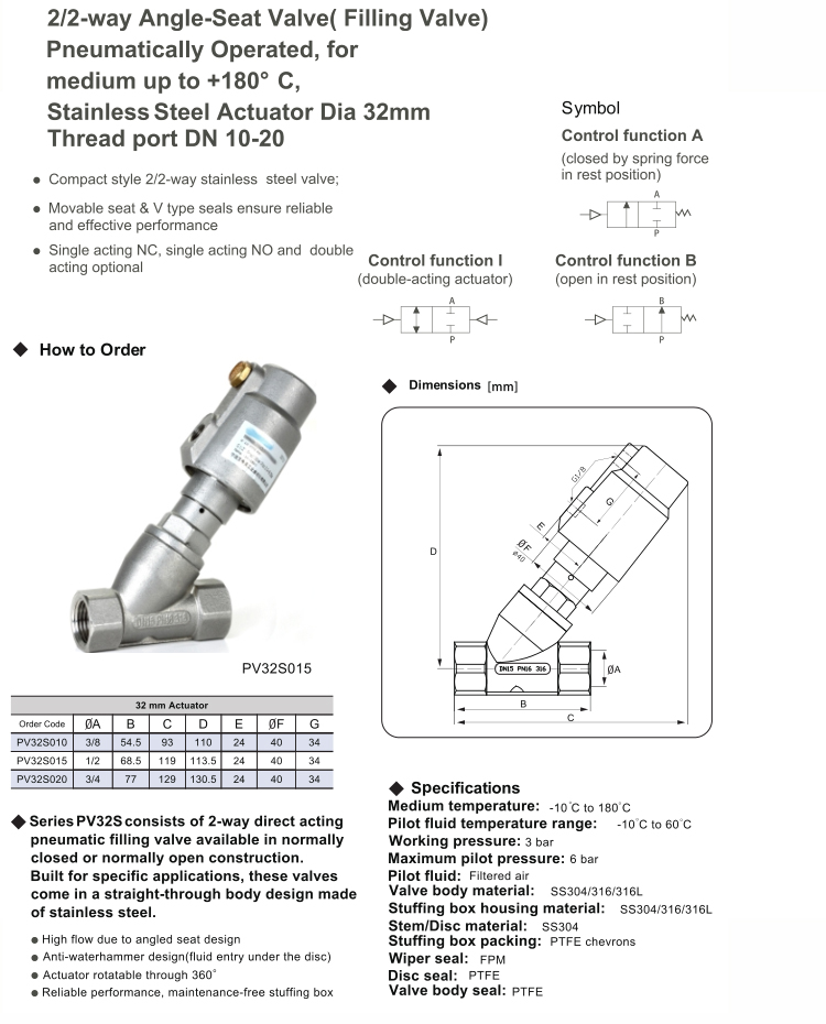 Economical Style Angle Seat Valve(Piston Valve) series PV32s(filling valve)
