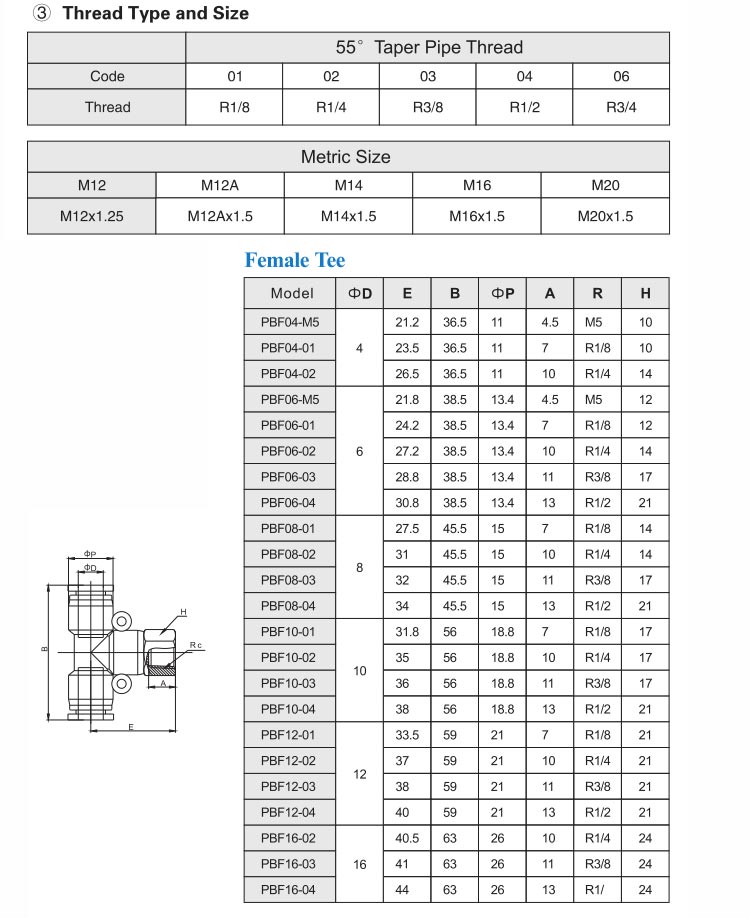 PBF Female Tee Push In Tube Fitting