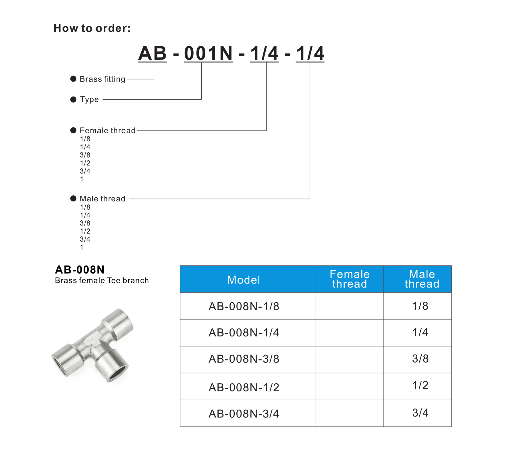 AB-008N Brass female Tee branch