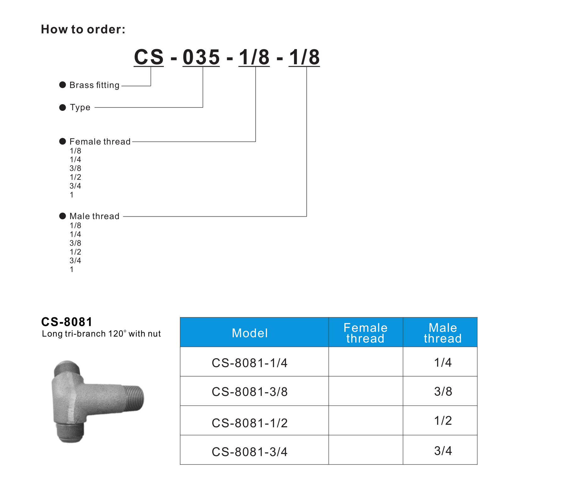 CS-8081 Long tri-branch 120o with nut