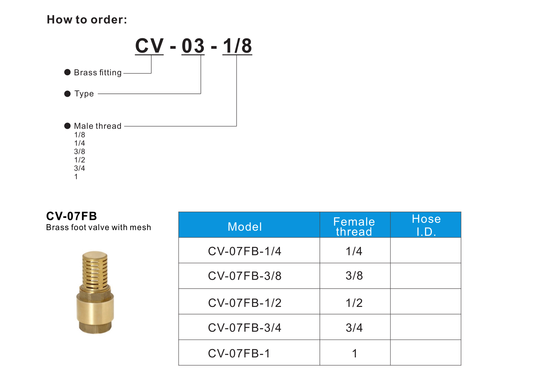 CV-07FB Brass foot valve with mesh
