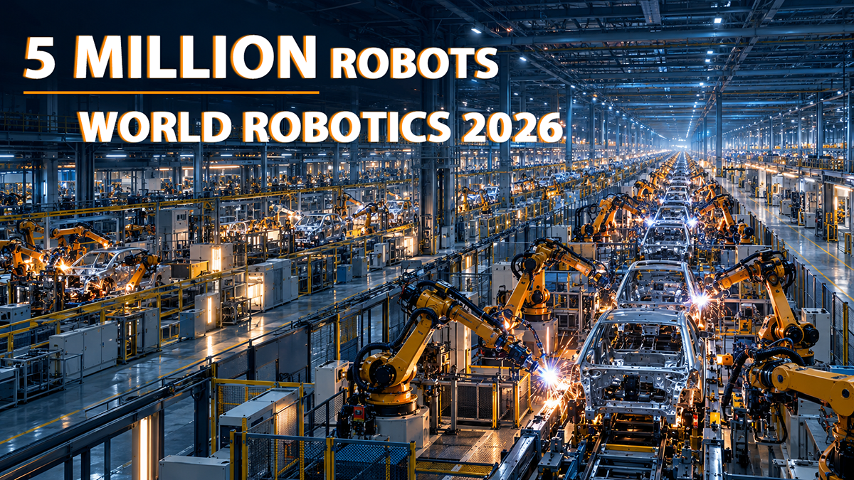 five-million-industrial-robots-2026.png Large-scale industrial robot production lines operating worldwide in 2026